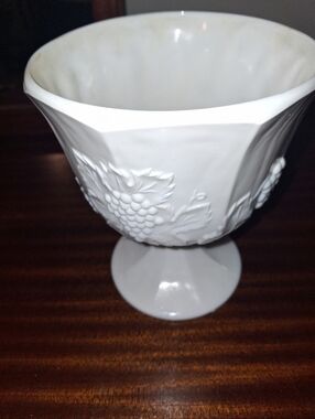 White Milk Glass Pedestal Compote with Grape Motif